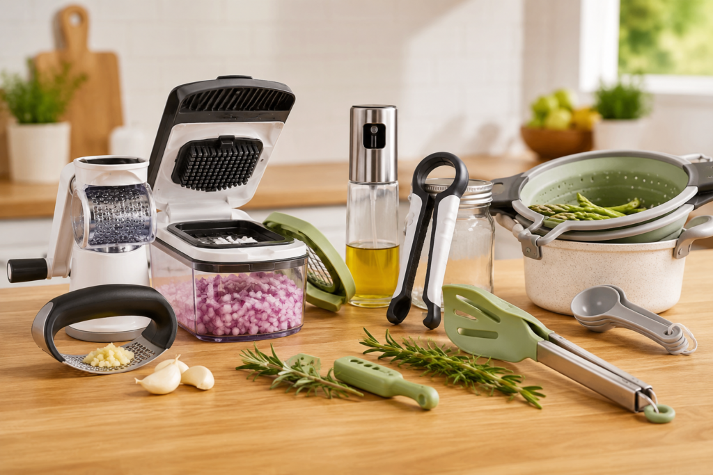 Practical kitchen gadgets including vegetable chopper, rotary grater, garlic rocker, oil sprayer, herb stripper and clip-on strainer on a modern kitchen countertop