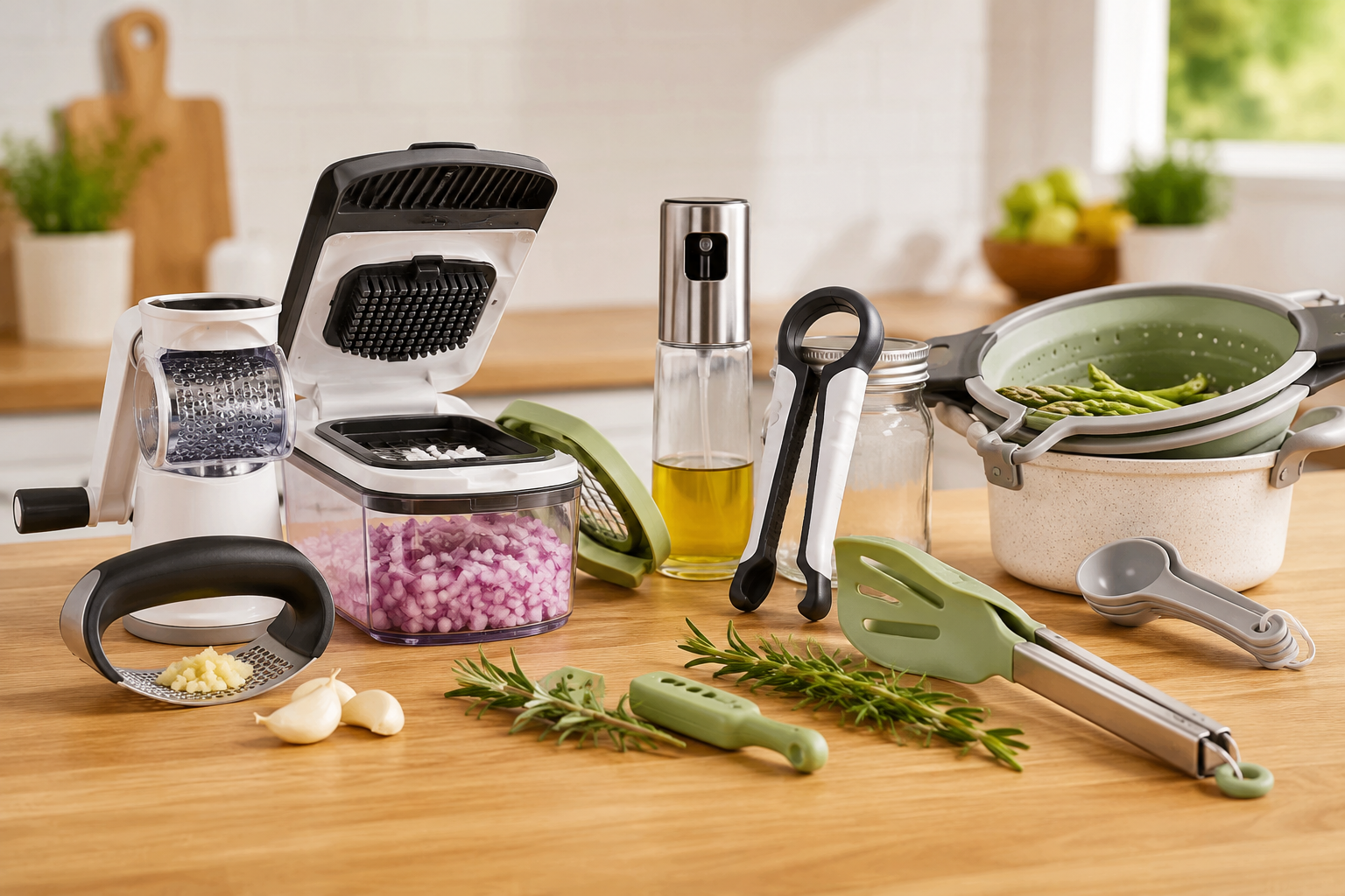Practical kitchen gadgets including vegetable chopper, rotary grater, garlic rocker, oil sprayer, herb stripper and clip-on strainer on a modern kitchen countertop