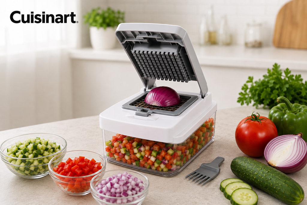 Cuisinart Vegetable & Fruit Chopper with diced vegetables and interchangeable blades