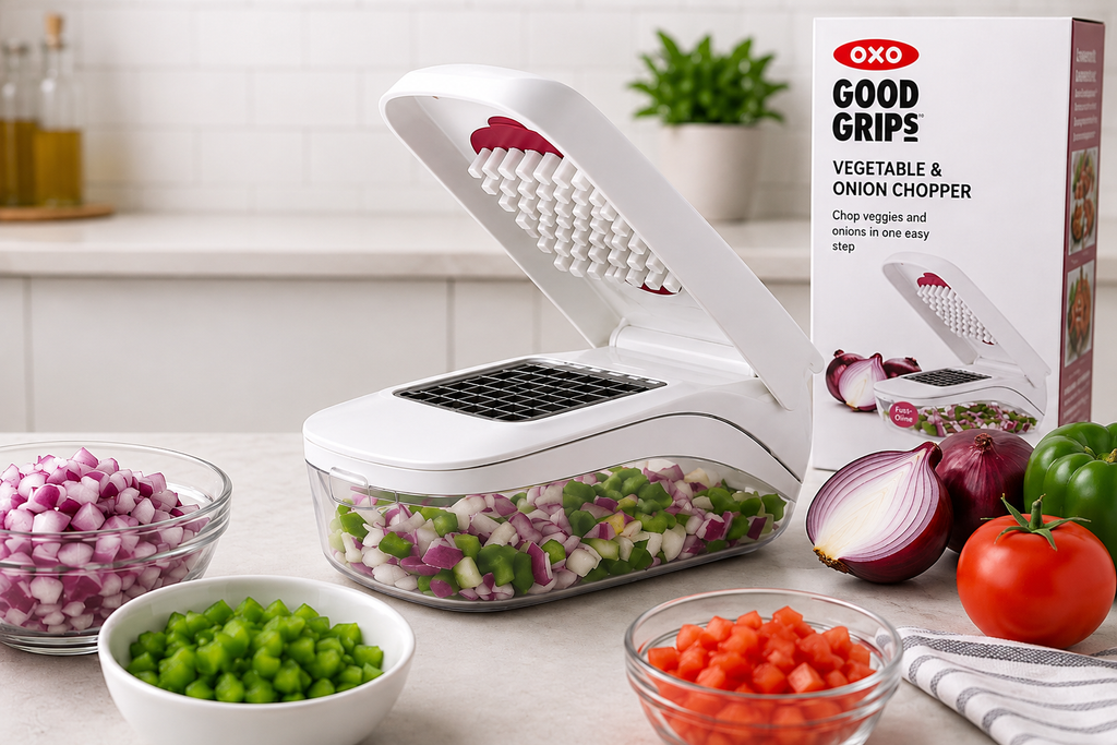 OXO Vegetable & Onion Chopper with diced vegetables and built-in container