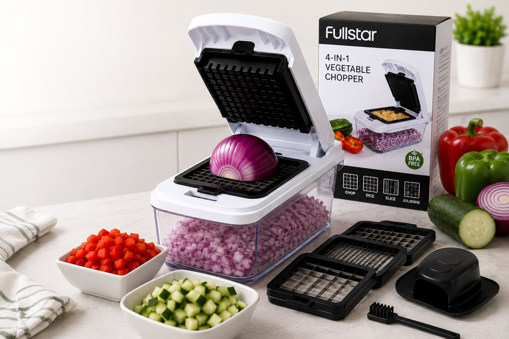 Fullstar 4-in-1 vegetable chopper with interchangeable blades and container