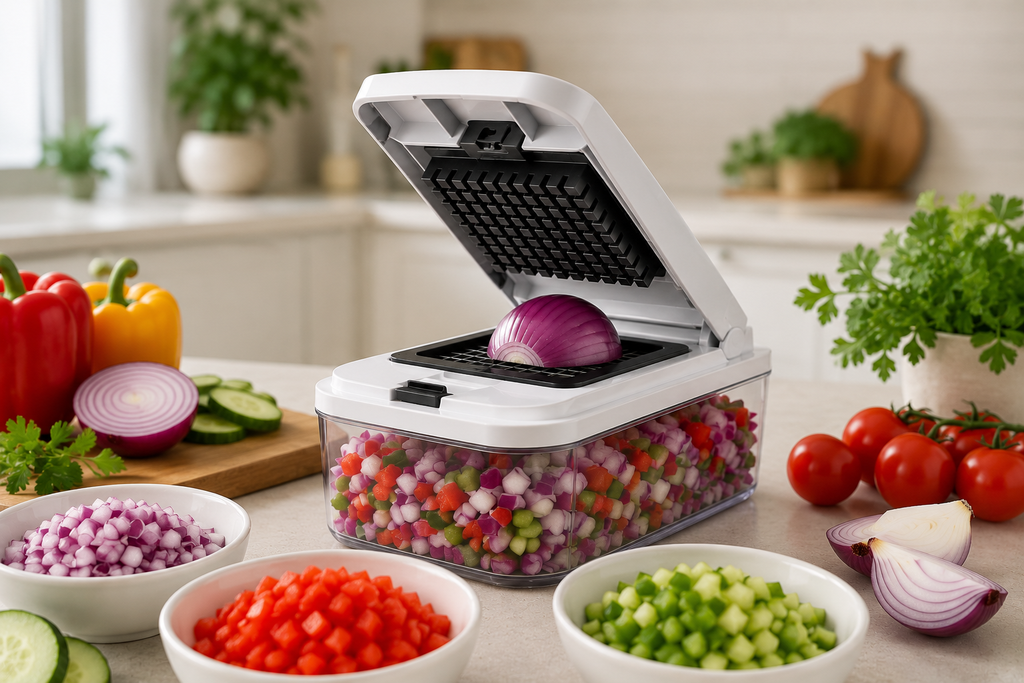 Vegetable chopper with diced onions, peppers and cucumbers on a kitchen counter