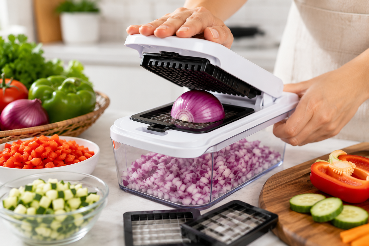 Vegetable & Fruit Chopper with diced vegetables and interchangeable blades